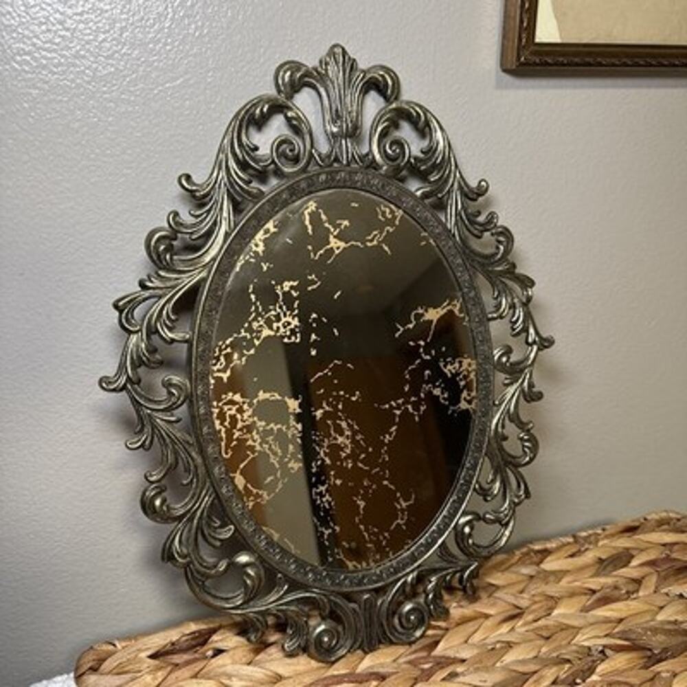 Vintage Ornate Gold Tone Metal Oval Mirror Baroque Rococo Gold Splatter 13”